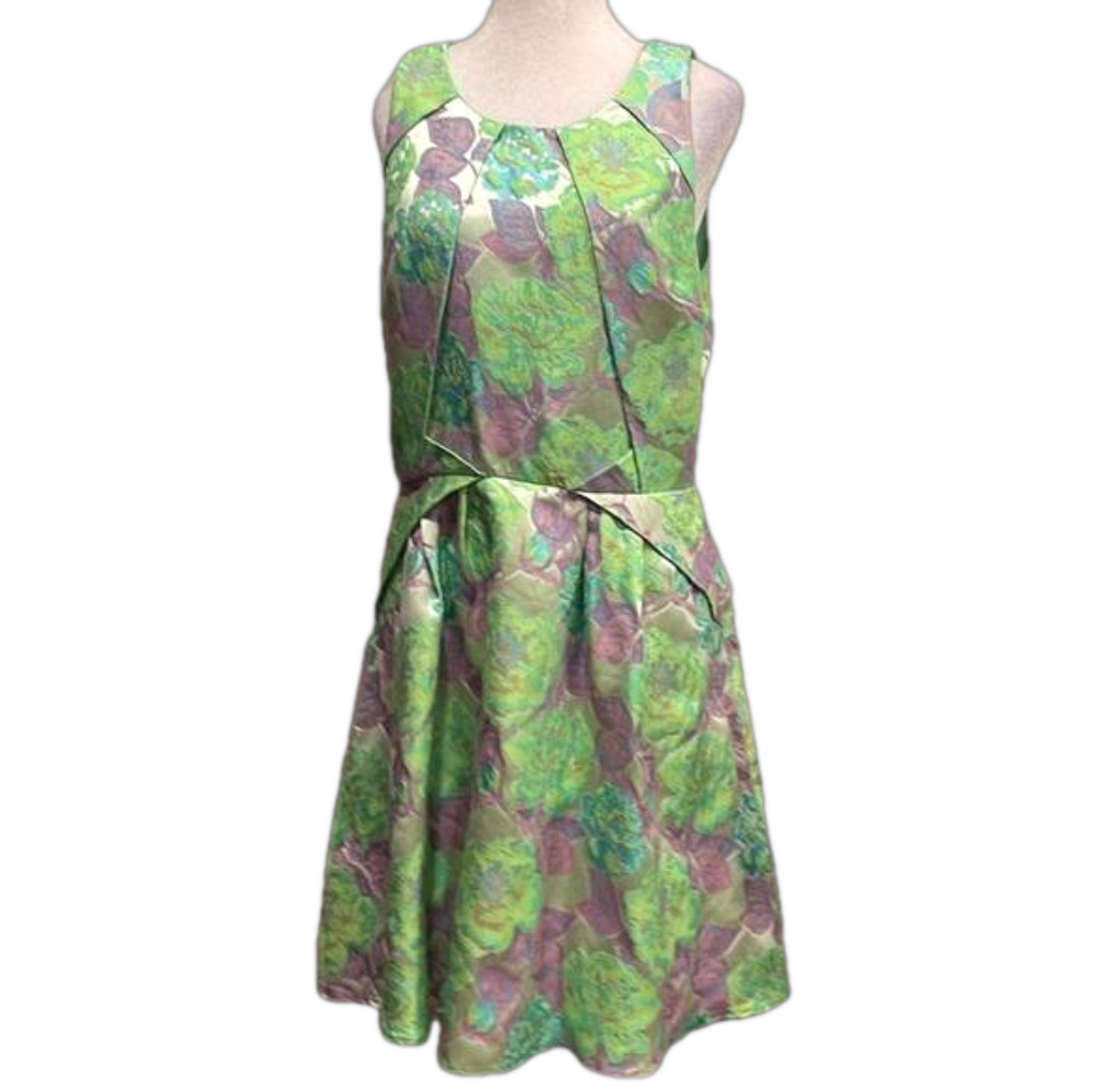 Topshop Tall US 10 Green Floral Jacquard Fit & Flare Cocktail Dress - Picture 2 of 9
